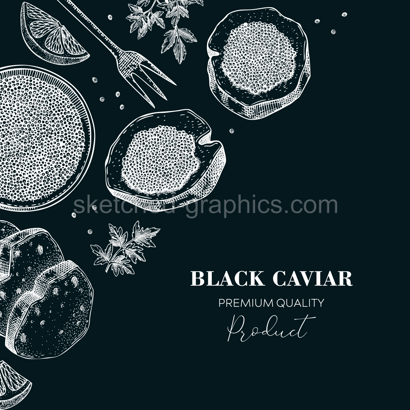 Black caviar canape with lemons and spices background design. Canned seafood sketches on chalkboard. Vector illustration in vintage style. Illustration